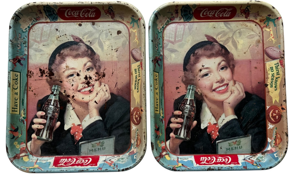 Set of 2 Vintage Coca Cola Metal Trays Have a Coke Waitress Rustic Patina Decor
